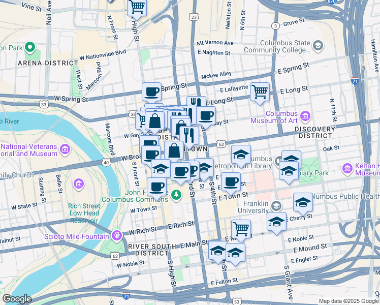 map of restaurants, bars, coffee shops, grocery stores, and more near 125 East Broad Street in Columbus