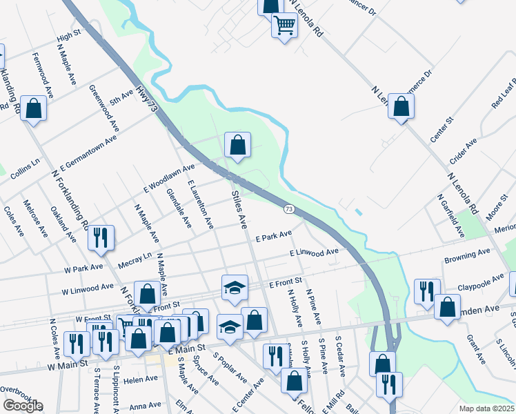map of restaurants, bars, coffee shops, grocery stores, and more near 411 Stiles Avenue in Maple Shade