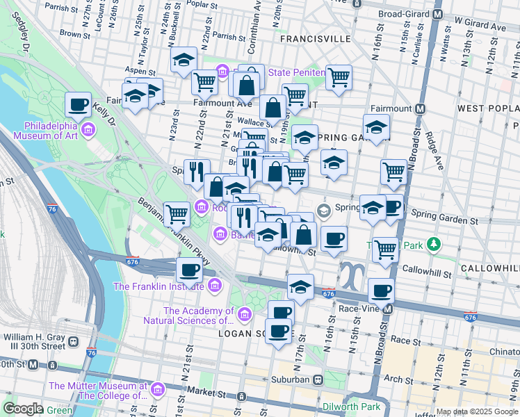 map of restaurants, bars, coffee shops, grocery stores, and more near 1915 Hamilton Street in Philadelphia