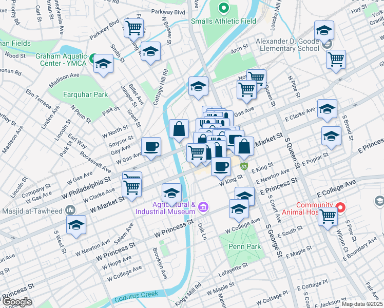 map of restaurants, bars, coffee shops, grocery stores, and more near 31 North Pershing Avenue in York