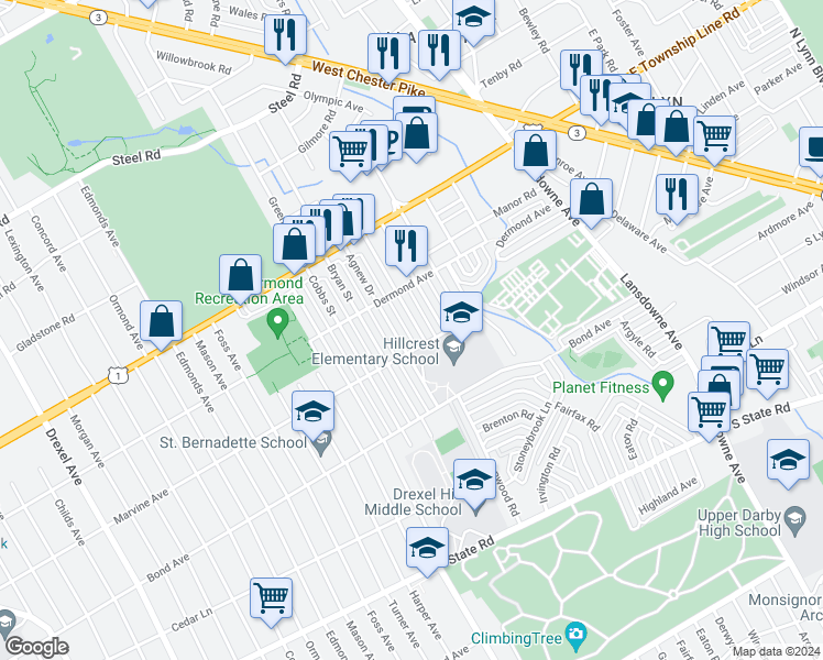 map of restaurants, bars, coffee shops, grocery stores, and more near 1114 Harding Drive in Havertown
