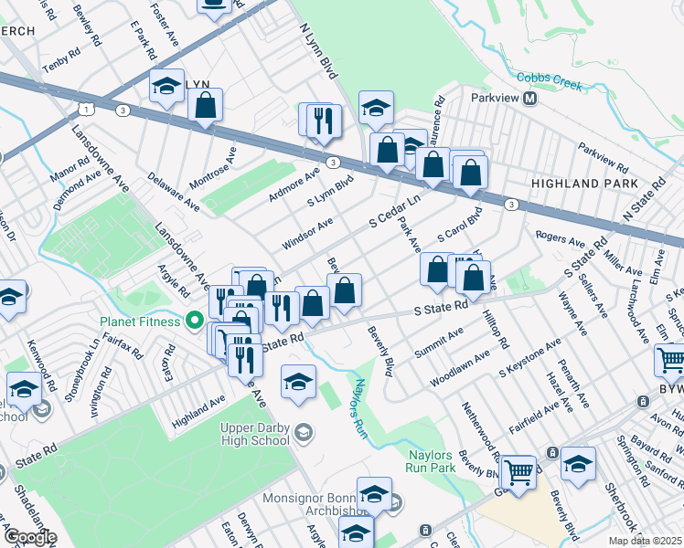 map of restaurants, bars, coffee shops, grocery stores, and more near 329 South Madison Avenue in Delaware County