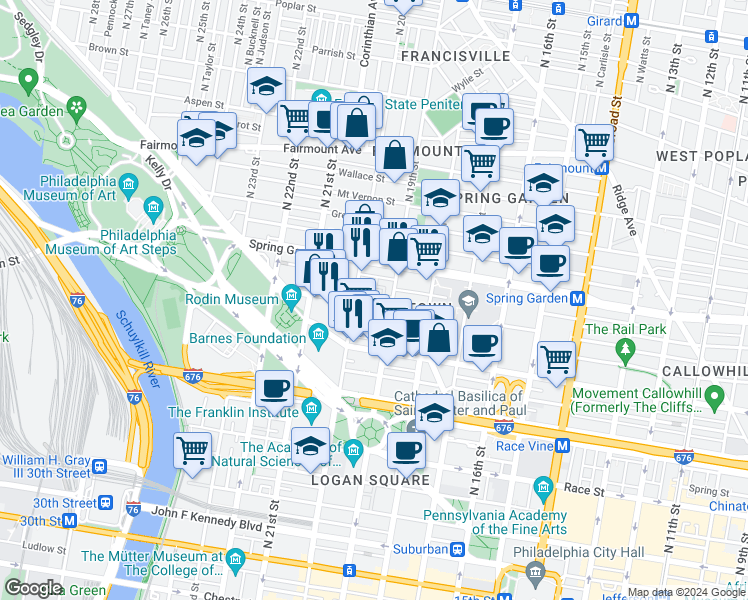map of restaurants, bars, coffee shops, grocery stores, and more near 1917 Hamilton Street in Philadelphia