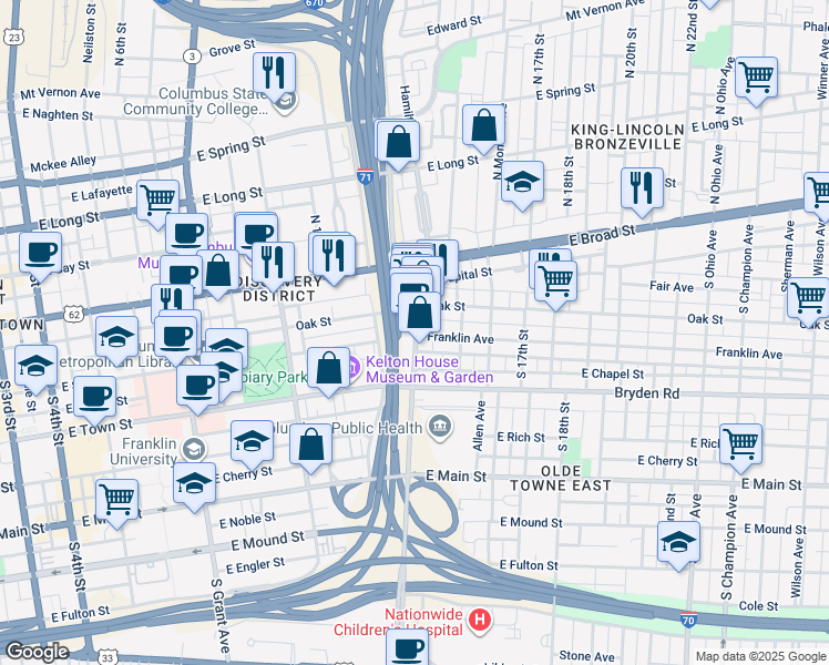 map of restaurants, bars, coffee shops, grocery stores, and more near 690 Franklin Avenue in Columbus
