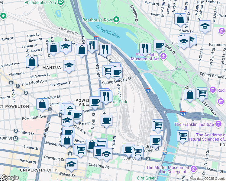 map of restaurants, bars, coffee shops, grocery stores, and more near 411 North 32nd Street in Philadelphia