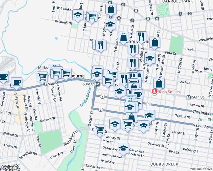 map of restaurants, bars, coffee shops, grocery stores, and more near 6206 Market Street in Philadelphia