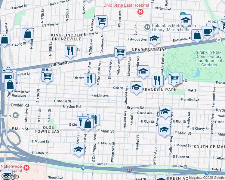 map of restaurants, bars, coffee shops, grocery stores, and more near 143 Wilson Avenue in Columbus