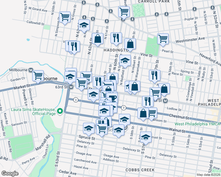 map of restaurants, bars, coffee shops, grocery stores, and more near 12 N 60th St in Philadelphia