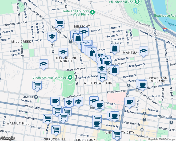 map of restaurants, bars, coffee shops, grocery stores, and more near 535 Budd Street in Philadelphia