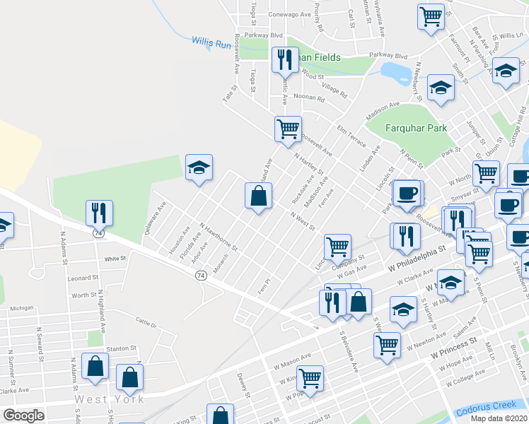 map of restaurants, bars, coffee shops, grocery stores, and more near 639 Pennsylvania Avenue in York