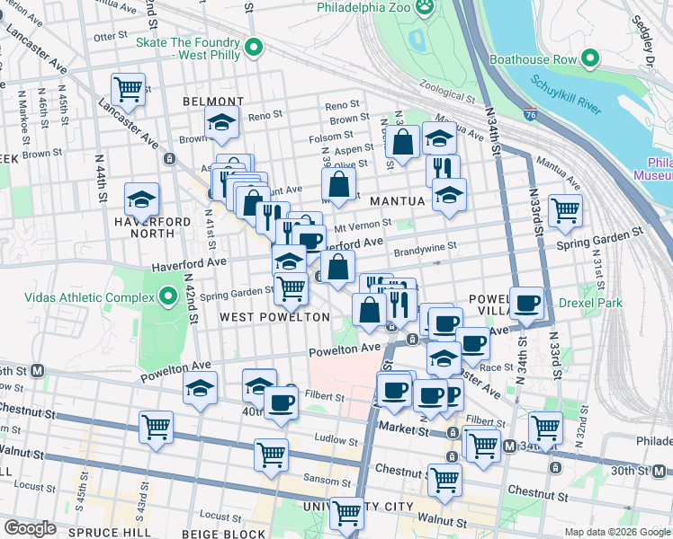map of restaurants, bars, coffee shops, grocery stores, and more near 510 North 39th Street in Philadelphia