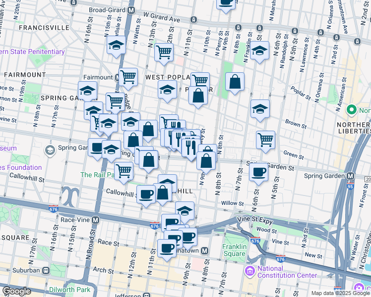 map of restaurants, bars, coffee shops, grocery stores, and more near 540 North 10th Street in Philadelphia