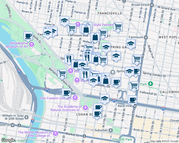 map of restaurants, bars, coffee shops, grocery stores, and more near 1921 Hamilton Street in Philadelphia