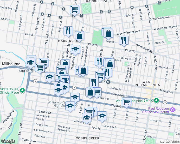 map of restaurants, bars, coffee shops, grocery stores, and more near 5725 Arch Street in Philadelphia