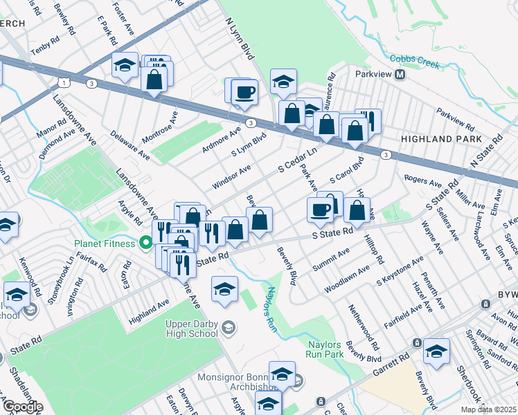 map of restaurants, bars, coffee shops, grocery stores, and more near 329 South Madison Avenue in Delaware County
