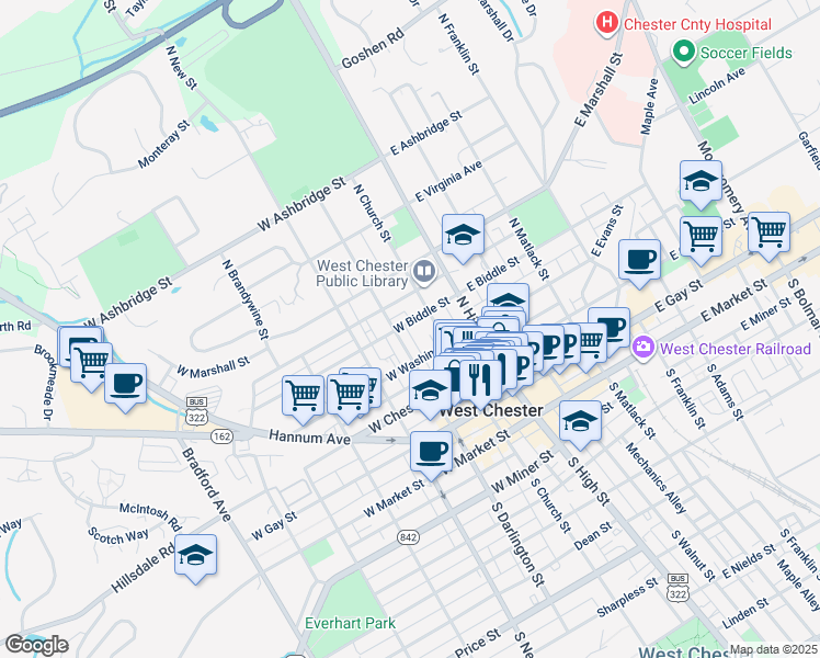 map of restaurants, bars, coffee shops, grocery stores, and more near 368 North Church Street in West Chester