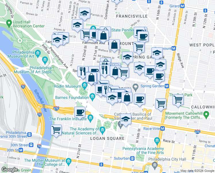 map of restaurants, bars, coffee shops, grocery stores, and more near 1921 Hamilton Street in Philadelphia
