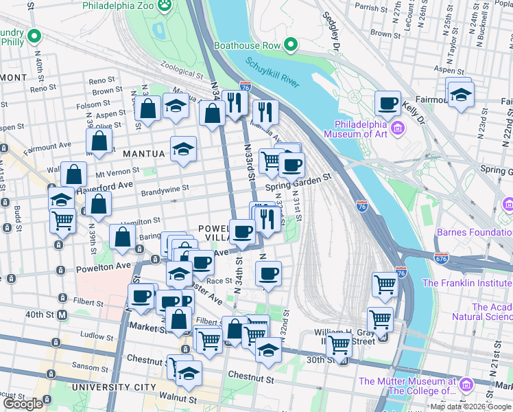 map of restaurants, bars, coffee shops, grocery stores, and more near N 33rd St & Hamilton St in Philadelphia