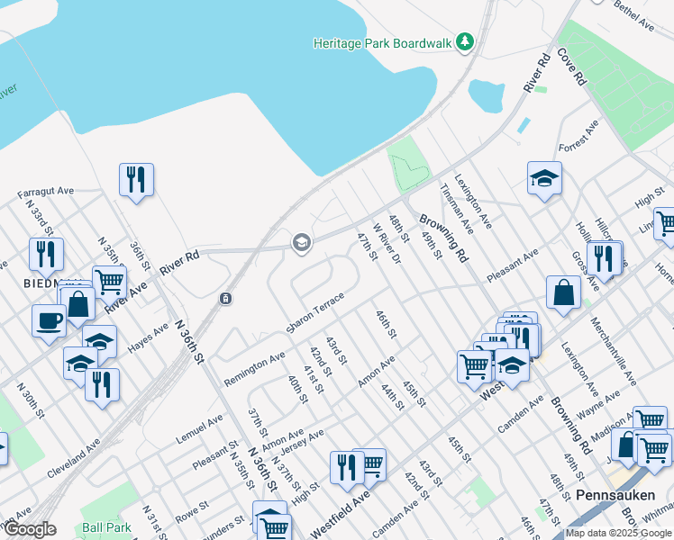 map of restaurants, bars, coffee shops, grocery stores, and more near 4613 Forrest Avenue in Pennsauken Township