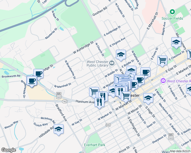 map of restaurants, bars, coffee shops, grocery stores, and more near 425 North New Street in West Chester