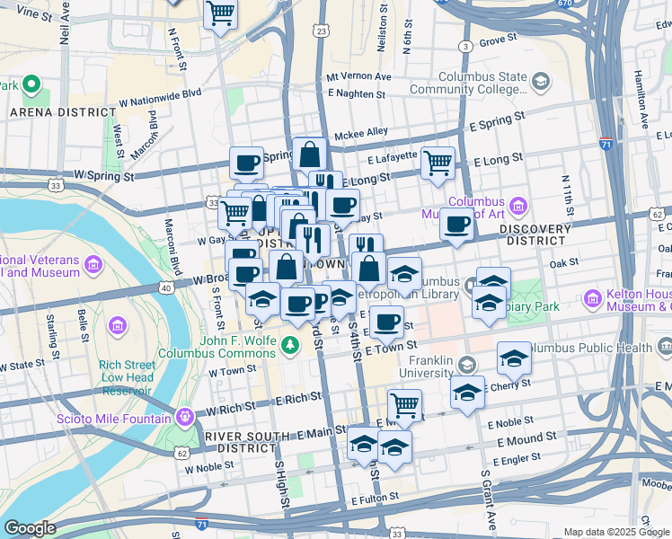 map of restaurants, bars, coffee shops, grocery stores, and more near 155 East Broad Street in Columbus