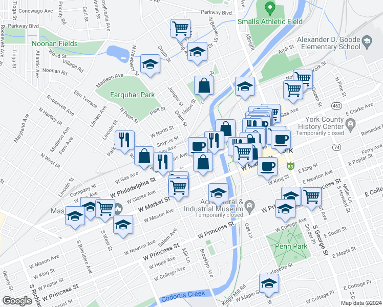 map of restaurants, bars, coffee shops, grocery stores, and more near 123 North Newberry Street in York
