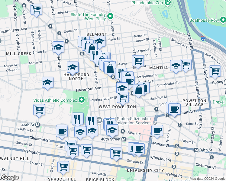 map of restaurants, bars, coffee shops, grocery stores, and more near 4031 Green Street in Philadelphia
