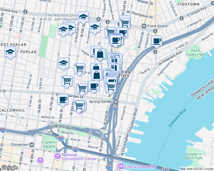 map of restaurants, bars, coffee shops, grocery stores, and more near in Philadelphia