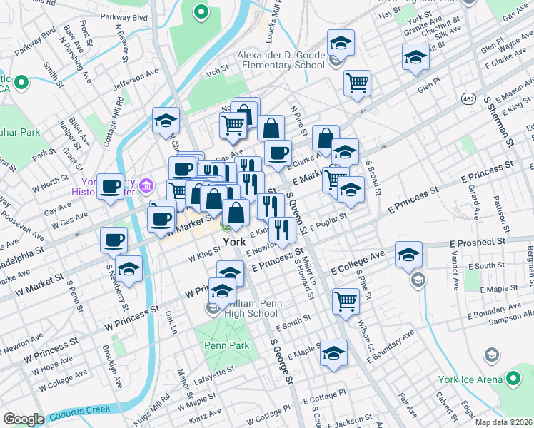 map of restaurants, bars, coffee shops, grocery stores, and more near 120 East Market Street in York