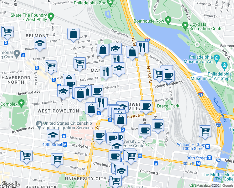 map of restaurants, bars, coffee shops, grocery stores, and more near 3606 Spring Garden Street in Philadelphia