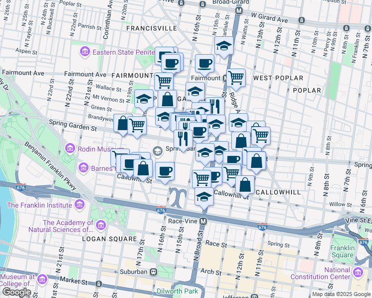 map of restaurants, bars, coffee shops, grocery stores, and more near 1500 Spring Garden Street in Philadelphia
