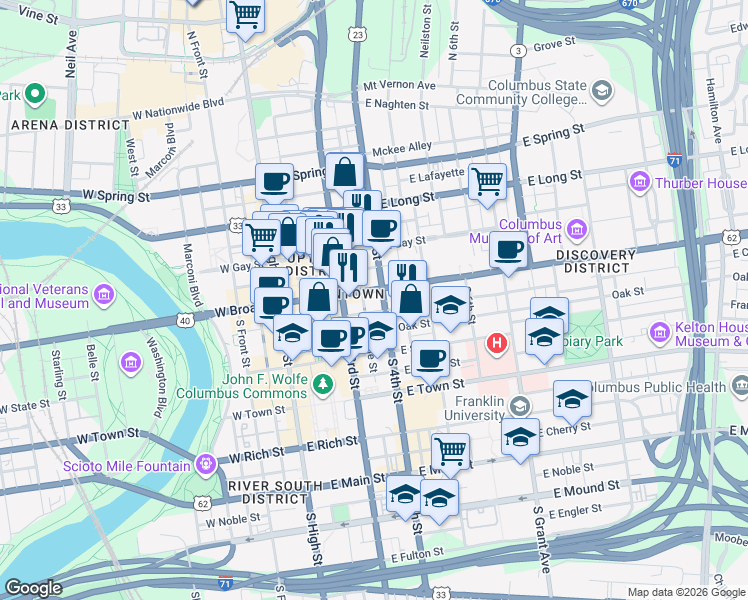 map of restaurants, bars, coffee shops, grocery stores, and more near 150 East Broad Street in Columbus