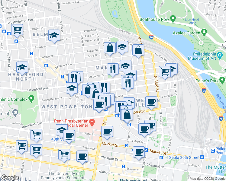 map of restaurants, bars, coffee shops, grocery stores, and more near 3706 Spring Garden Street in Philadelphia
