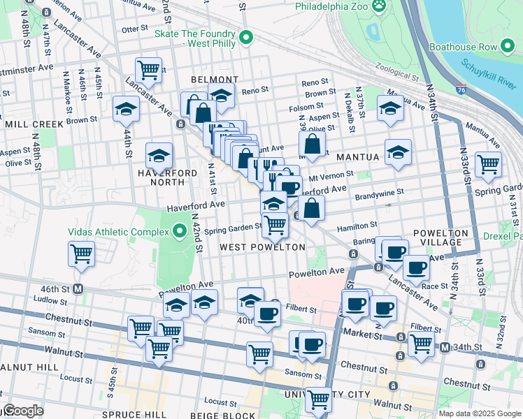 map of restaurants, bars, coffee shops, grocery stores, and more near 4011 Green Street in Philadelphia