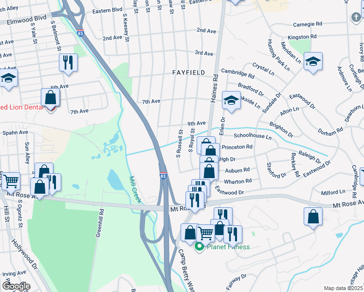 map of restaurants, bars, coffee shops, grocery stores, and more near 947 South Russell Street in East York
