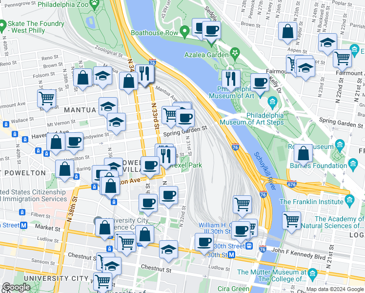 map of restaurants, bars, coffee shops, grocery stores, and more near 419 Carriage Lane in Philadelphia
