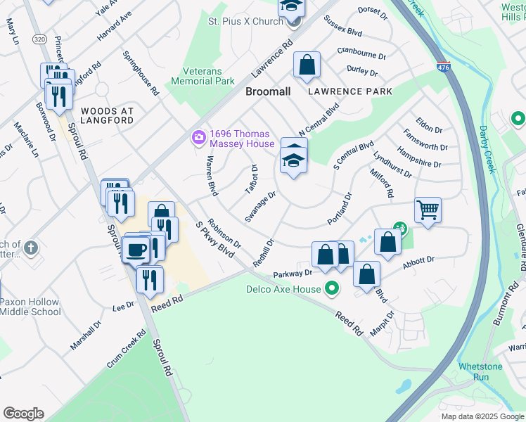 map of restaurants, bars, coffee shops, grocery stores, and more near 361 Swanage Drive in Broomall