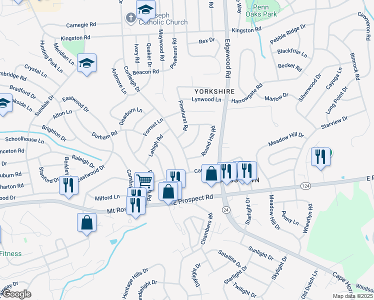 map of restaurants, bars, coffee shops, grocery stores, and more near 915 Cortleigh Drive in York