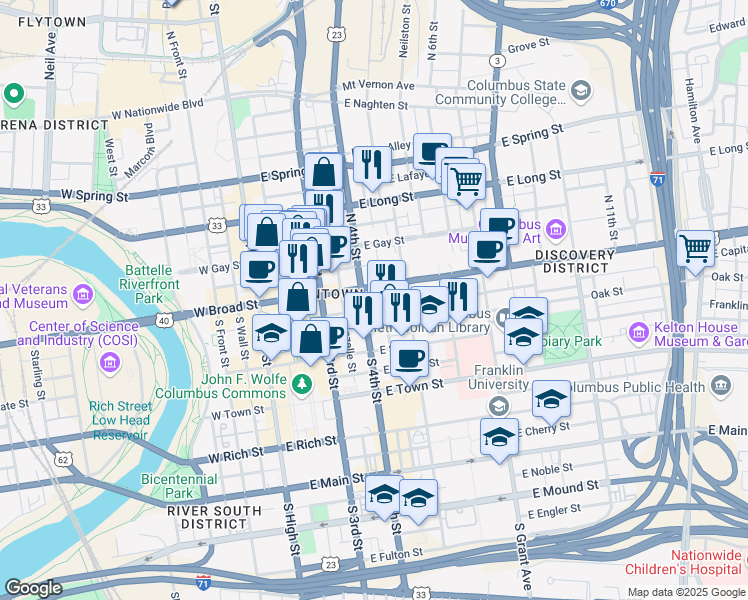 map of restaurants, bars, coffee shops, grocery stores, and more near 181 East Broad Street in Columbus