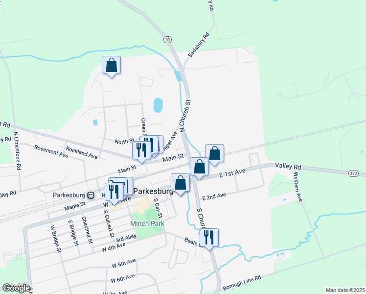 map of restaurants, bars, coffee shops, grocery stores, and more near 112 North Church Street in Parkesburg