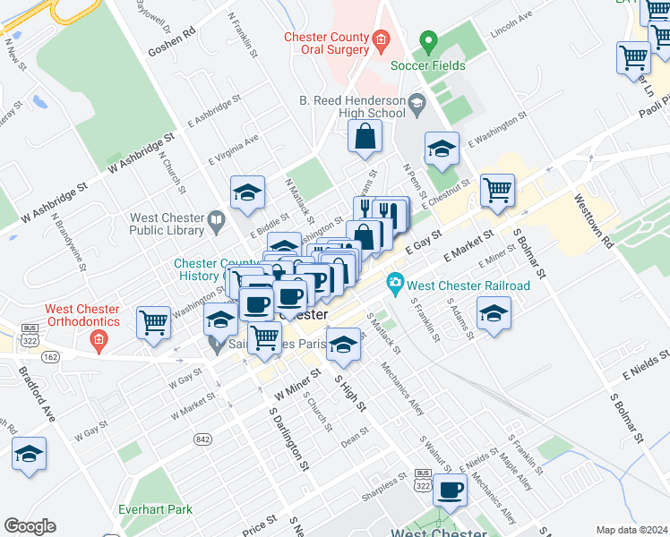 map of restaurants, bars, coffee shops, grocery stores, and more near 134 East Chestnut Street in West Chester