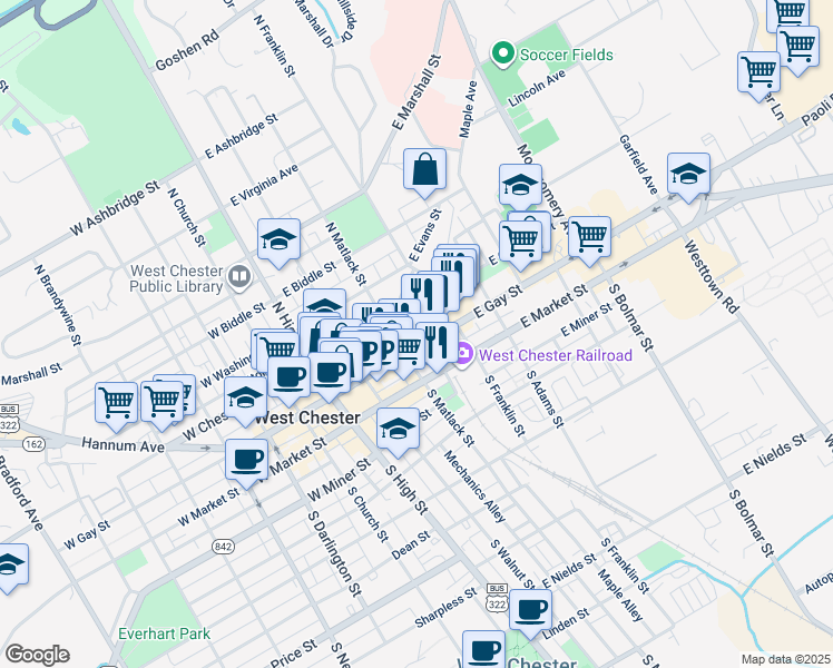 map of restaurants, bars, coffee shops, grocery stores, and more near 201 East Gay Street in West Chester