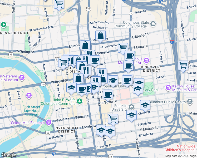map of restaurants, bars, coffee shops, grocery stores, and more near 181 East Broad Street in Columbus
