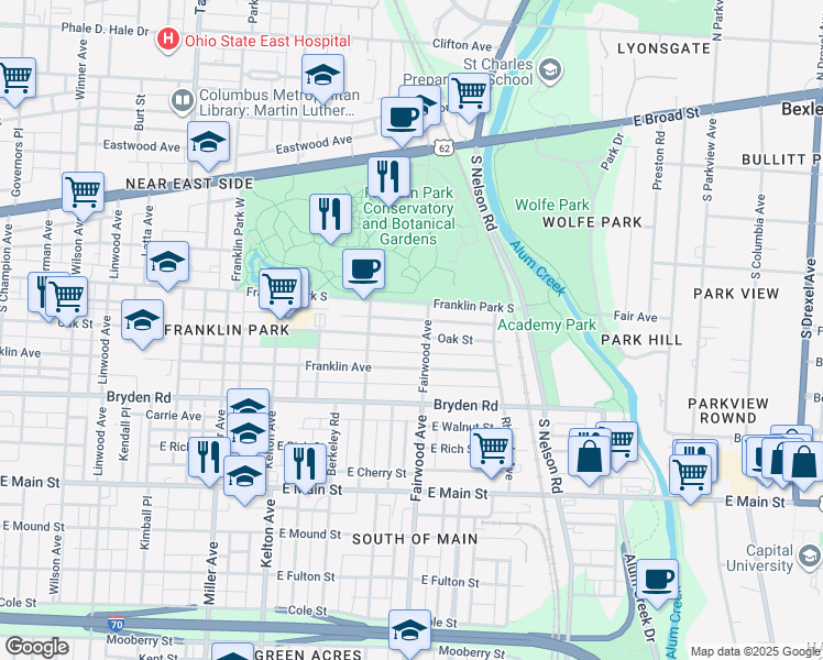 map of restaurants, bars, coffee shops, grocery stores, and more near 1773 Franklin Park South in Columbus