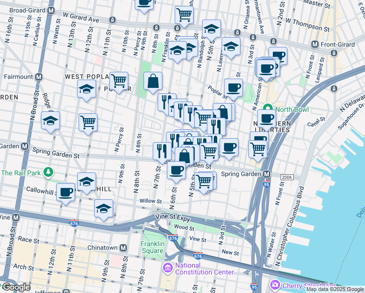 map of restaurants, bars, coffee shops, grocery stores, and more near 603 North 6th Street in Philadelphia