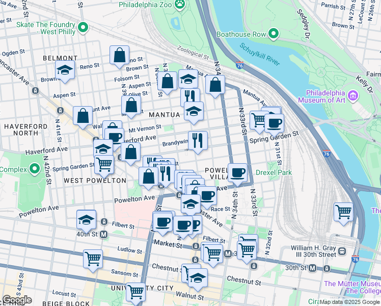 map of restaurants, bars, coffee shops, grocery stores, and more near 3606 Spring Garden Street in Philadelphia