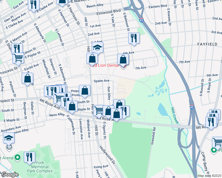 map of restaurants, bars, coffee shops, grocery stores, and more near 482 South Yale Street in York