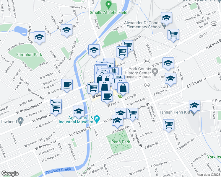 map of restaurants, bars, coffee shops, grocery stores, and more near 17 West Market Street in York