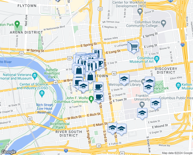 map of restaurants, bars, coffee shops, grocery stores, and more near 2 South 3rd Street in Columbus