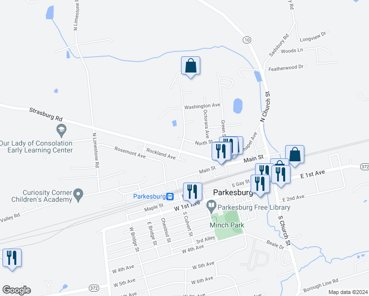 map of restaurants, bars, coffee shops, grocery stores, and more near 369 Strasburg Road in Parkesburg